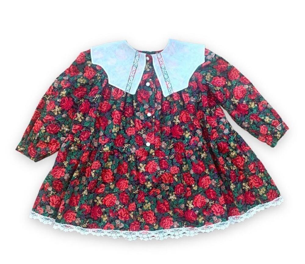 Vintage Bonnie Jean Floral Holiday Dress Girls Size 4 Peter Pan Lace Hem Festive